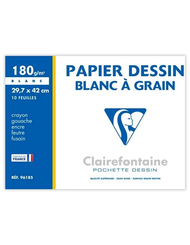 Papier dessin clairefontaine grain léger prononcé sans acide blancheur naturelle 180g a3 pochette 10f.