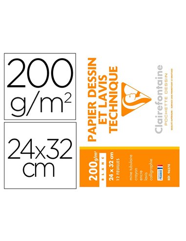 Pochette dessin et lavis clairefontaine papier 160g surface lisse format . Format 24 x 32cm 12 feuilles.