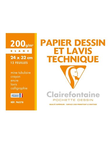 Pochette dessin et lavis clairefontaine papier 160g surface lisse format . Format 24 x 32cm 12 feuilles.