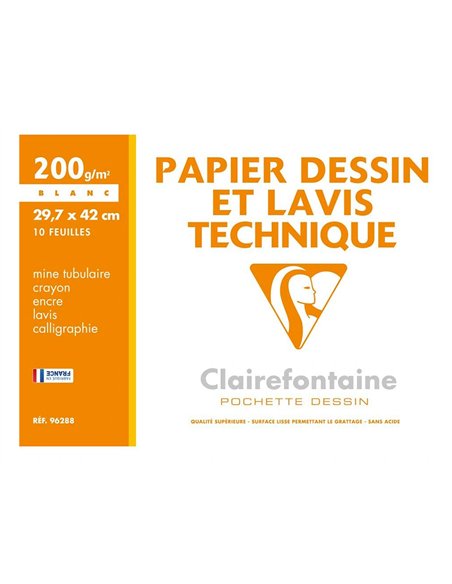 Pochette dessin et lavis clairefontaine papier 200g surface lisse format . Format a3 29,7 x 42cm 10 feuilles.
