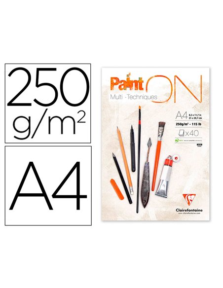 Bloc de dessin encolle clairefontaine paint'on. Papier multi technique 250g extra blanc. Format a4 21 x.