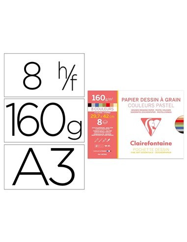 Papier dessin grain clairefontaine a3 assortiment pastel 160gr 8f.