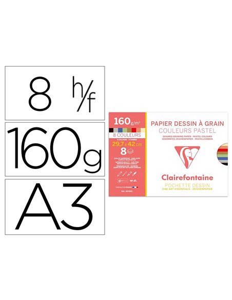Papier dessin grain clairefontaine a3 assortiment pastel 160gr 8f.