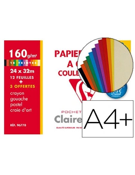 Papier dessin clairefontaine couleur travaux de découpage gouache pastel 160g a4+ coloris vifs pochette 12f.