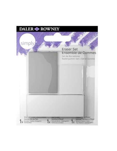 Gommes à dessin Daler Rowney Simply, lot de 3 : gommes standard, en chapelure et en plastique
