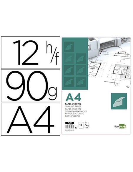 Papier calque liderpapel a4 210x297mm 90g sachet de 12 feuilles.