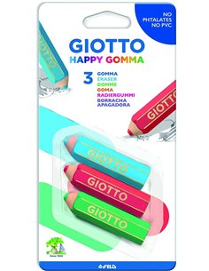 Lot de 3 gommes Giotto Happy Eraser - Plastique - Couleurs assorties
