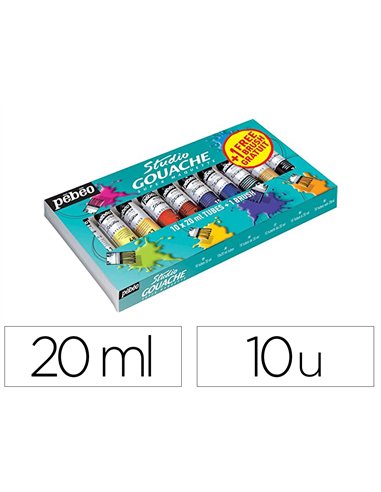 Peinture gouache pebeo set de 10 tubes 20 ml + pinceaux.