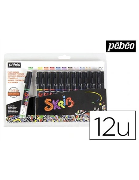 Marqueur peinture pébéo skrib acrylique brillant multi-supports pointe 0.7mm couleurs classiques set 12 unités.
