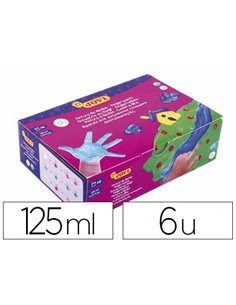 Gouache doigt jovi base eau coloris assortis jaune/bleu/blanc/marron/rouge/vert pot 125ml coffret 6 unités.
