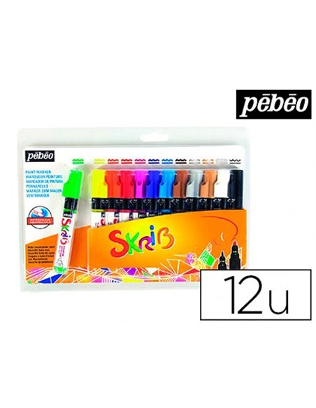 Marqueur peinture pébéo skrib gouache arc-en-ciel mèche 0,7/4mm coloris vert jaune rouge et bleu pochette 12 unités.