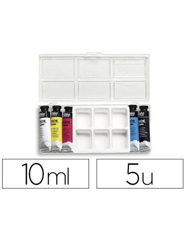 Gouache pébéo couleurs lumineuses fort pouvoir couvrant coloris assortis boîte 5 tubes 10ml + 1 palette.