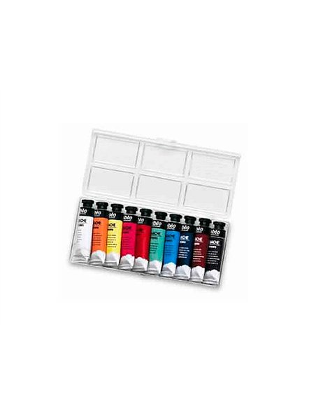 Gouache pébéo couleurs lumineuses fort pouvoir couvrant coloris assortis boîte 5 tubes 10ml + 1 palette.