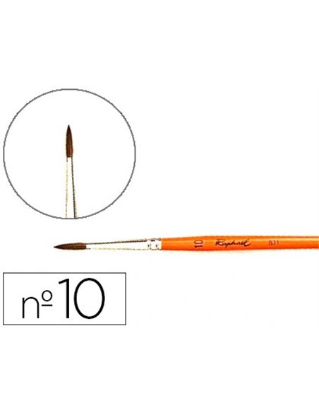 Pinceau raphaël poils de poney nº10 manche court laqué orange virole nickelé.