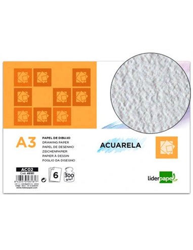 Papier dessin liderpapel aquarelle grain moyen 300g/m2 format a3 420x297mm minipack 6f.