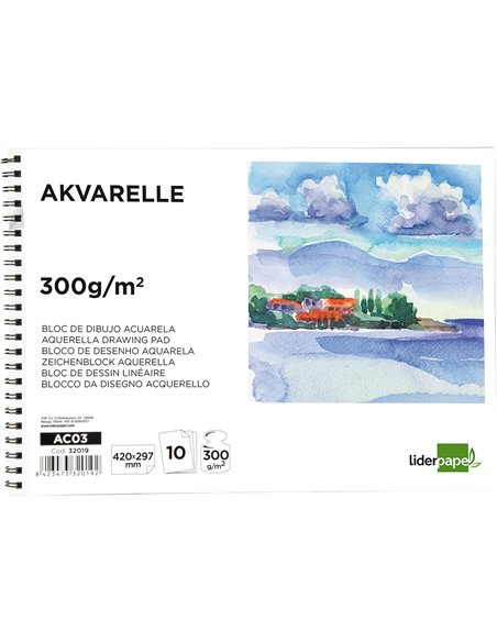 Bloc dessin liderpapel aquarelle spirale papier grain moyen lisse 300g/m2 format a3 420x297mm 10f.
