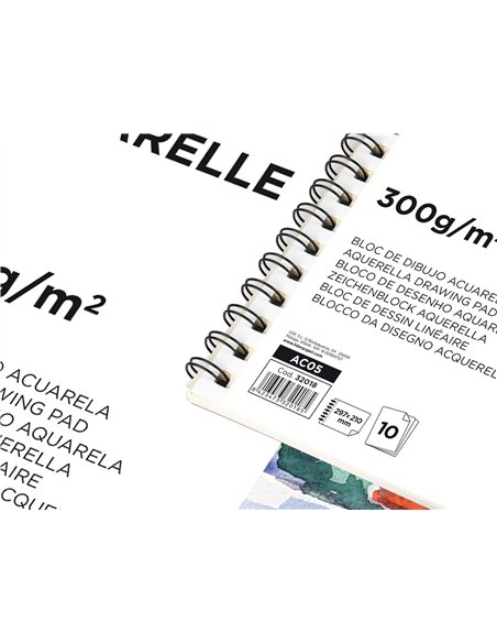 Bloc dessin liderpapel aquarelle spirale papier grain moyen lisse 300g/m2 format a4 297x210mm 10f.