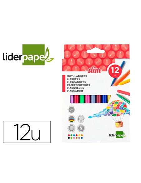 Feutre coloriage liderpapel slim longueur écriture 800m pointe nylon 2mm diamètre étui carton 12 unités.