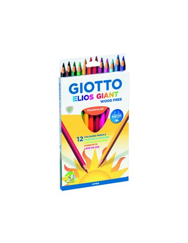 Etui crayons couleurs elios geant wood free giotto forme triangulaire bois 17cm mine 4mm 12 unites coloris.