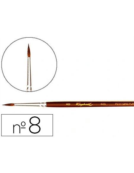 Pinceau raphaël petit gris pur nº8 manche court laqué marron virole aluminium anodisé.