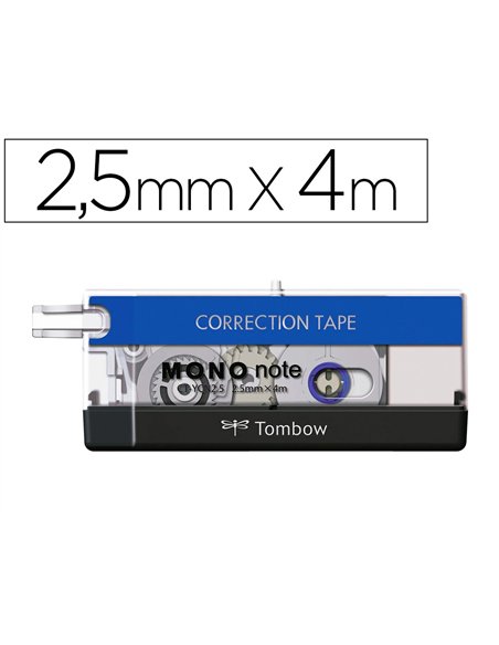 Ruban correcteur tombow mono note de 4mx2,5mm coloris assortis bleu transparent et noir.