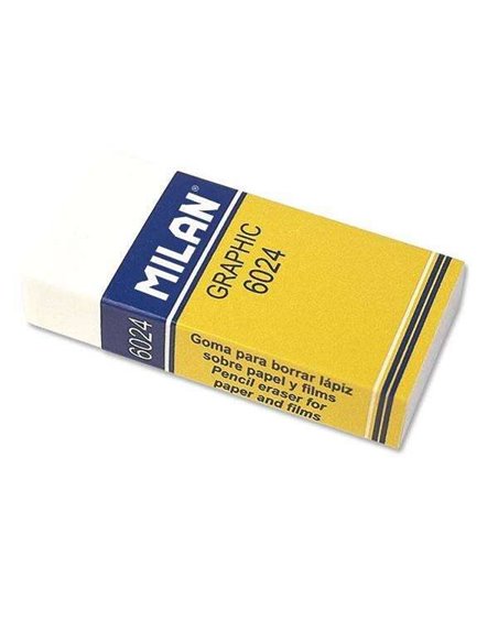 Gomme graphique rectangulaire Milan Nata 6024 - Plastique - Bande cartonnée jaune - Emballage individuel - Très douce - Blanche