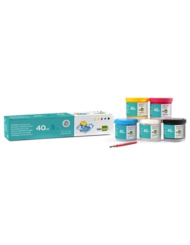 Gouache scolaire liderpapel 5 coloris assortis + pinceau pot 40ml.