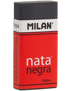 Gomme rectangulaire Milan Nata 7024 - Plastique - Bande cartonnée rouge - Emballage individuel - Extra douce - Noire