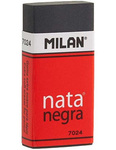 Gomme rectangulaire Milan Nata 7024 - Plastique - Bande cartonnée rouge - Emballage individuel - Extra douce - Noire