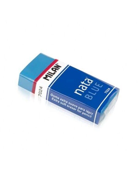 Gomme rectangulaire Milan Nata 7024B - Plastique - Bande cartonnée bleue - Emballage individuel - N'abîme pas le papier - Couleu