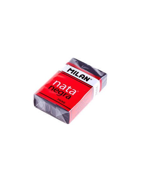 Gomme rectangulaire Milan Nata 7030 - Plastique - Bande cartonnée rouge - Emballage individuel - Extra douce - Noire