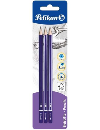 Blister Pelikan de 3 crayons en bois HB - Pointe graphite - Corps verni - Section hexagonale - Mine résistante