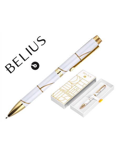 Stylo-bille belius carte blanche aluminium details et attributs or encre bleue coloris blanc dans coffret cadeau.