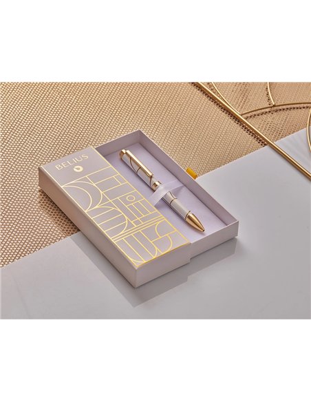 Stylo-bille belius carte blanche aluminium details et attributs or encre bleue coloris blanc dans coffret cadeau.