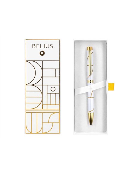 Stylo-bille belius carte blanche aluminium details et attributs or encre bleue coloris blanc dans coffret cadeau.