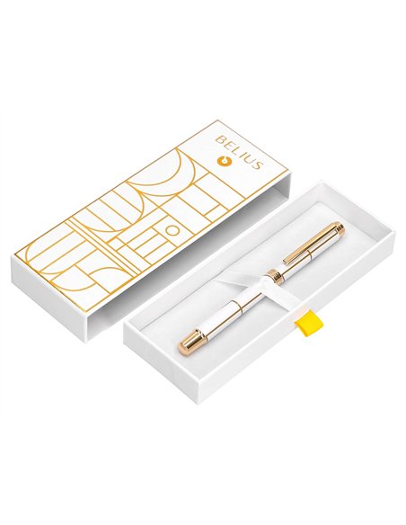 Roller belius carte blanche aluminium details et attributs or encre noire coloris blanc dans coffret cadeau.