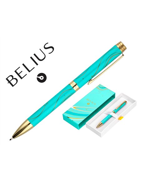 Stylo-bille belius aqua aluminium details et attributs or encre bleue coloris turquoise dans coffret cadeau.