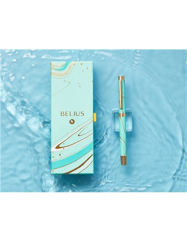 Stylo-bille belius aqua aluminium details et attributs or encre bleue coloris turquoise dans coffret cadeau.