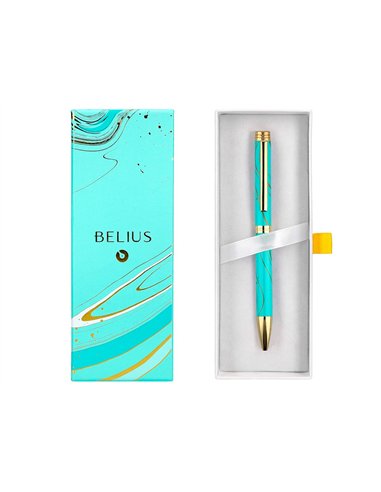 Stylo-bille belius aqua aluminium details et attributs or encre bleue coloris turquoise dans coffret cadeau.