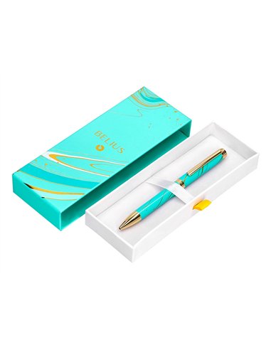 Stylo-bille belius aqua aluminium details et attributs or encre bleue coloris turquoise dans coffret cadeau.