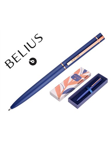 Stylo-bille belius rose aluminium details et attributs or rose encre bleue coloris bleu electrique dans coffret cadeau.