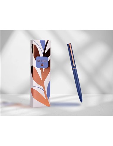 Stylo-bille belius rose aluminium details et attributs or rose encre bleue coloris bleu electrique dans coffret cadeau.