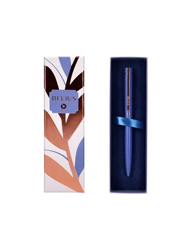 Stylo-bille belius rose aluminium details et attributs or rose encre bleue coloris bleu electrique dans coffret cadeau.