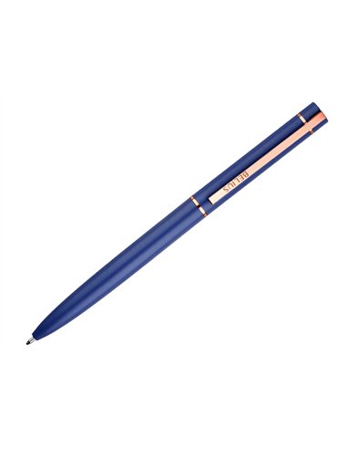Stylo-bille belius rose aluminium details et attributs or rose encre bleue coloris bleu electrique dans coffret cadeau.