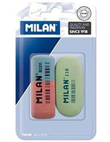 Lot de 2 gommes Milan, 1 gomme biseautée double intensité 8020 + 1 gomme ovale 118 - Caoutchouc synthétique - Pour tous types de