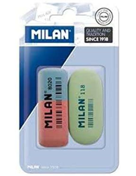 Lot de 2 gommes Milan, 1 gomme biseautée double intensité 8020 + 1 gomme ovale 118 - Caoutchouc synthétique - Pour tous types de