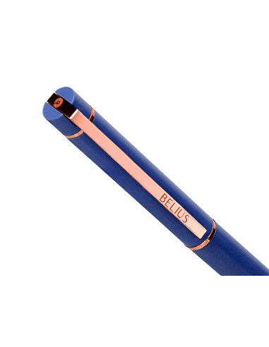 Stylo-bille belius rose aluminium details et attributs or rose encre bleue coloris bleu electrique dans coffret cadeau.