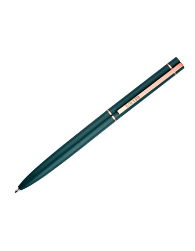 Stylo-bille belius rose aluminium details et attributs or rose encre bleue coloris vert dans coffret cadeau.