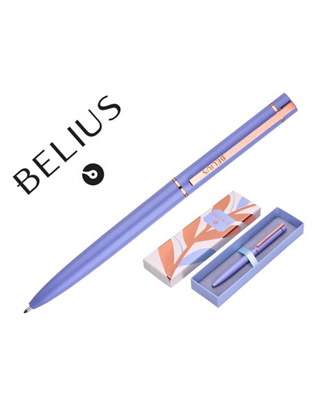 Stylo-bille belius rose aluminium details et attributs or rose encre bleue coloris lavande dans coffret cadeau.