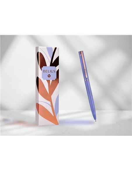Stylo-bille belius rose aluminium details et attributs or rose encre bleue coloris lavande dans coffret cadeau.